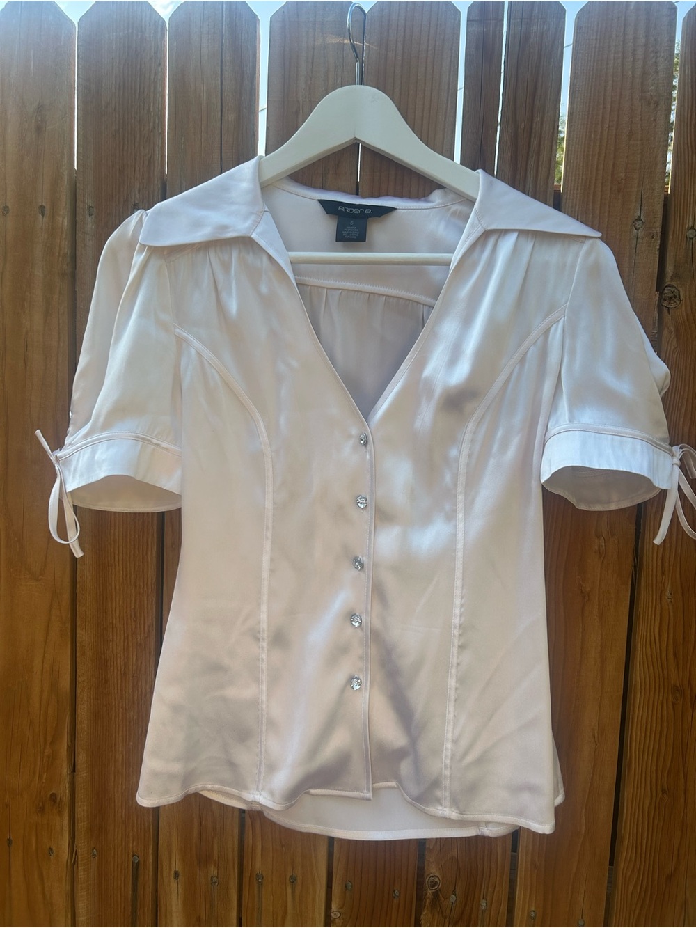 Arden B White Satin Puff Sleeve Button-Up Blouse